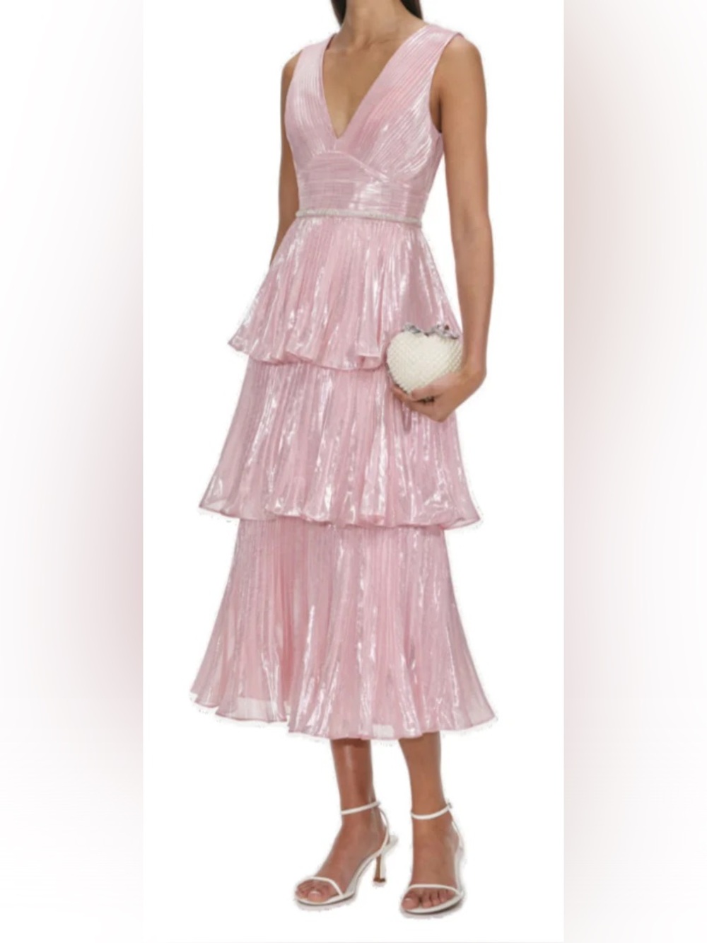 SELF PORTRAIT - METALLIC TIERED MIDI DRESS IN PINK